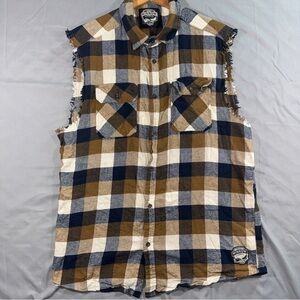 Angry Minnow Shirt Mens Large Blue Brown Flannel Plaid Sleeveless Busch Light
